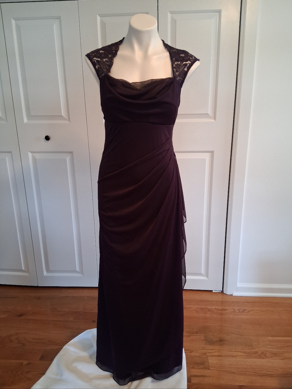 Xscape Dark Plum Lace-Cap Sleeve Evening Gown